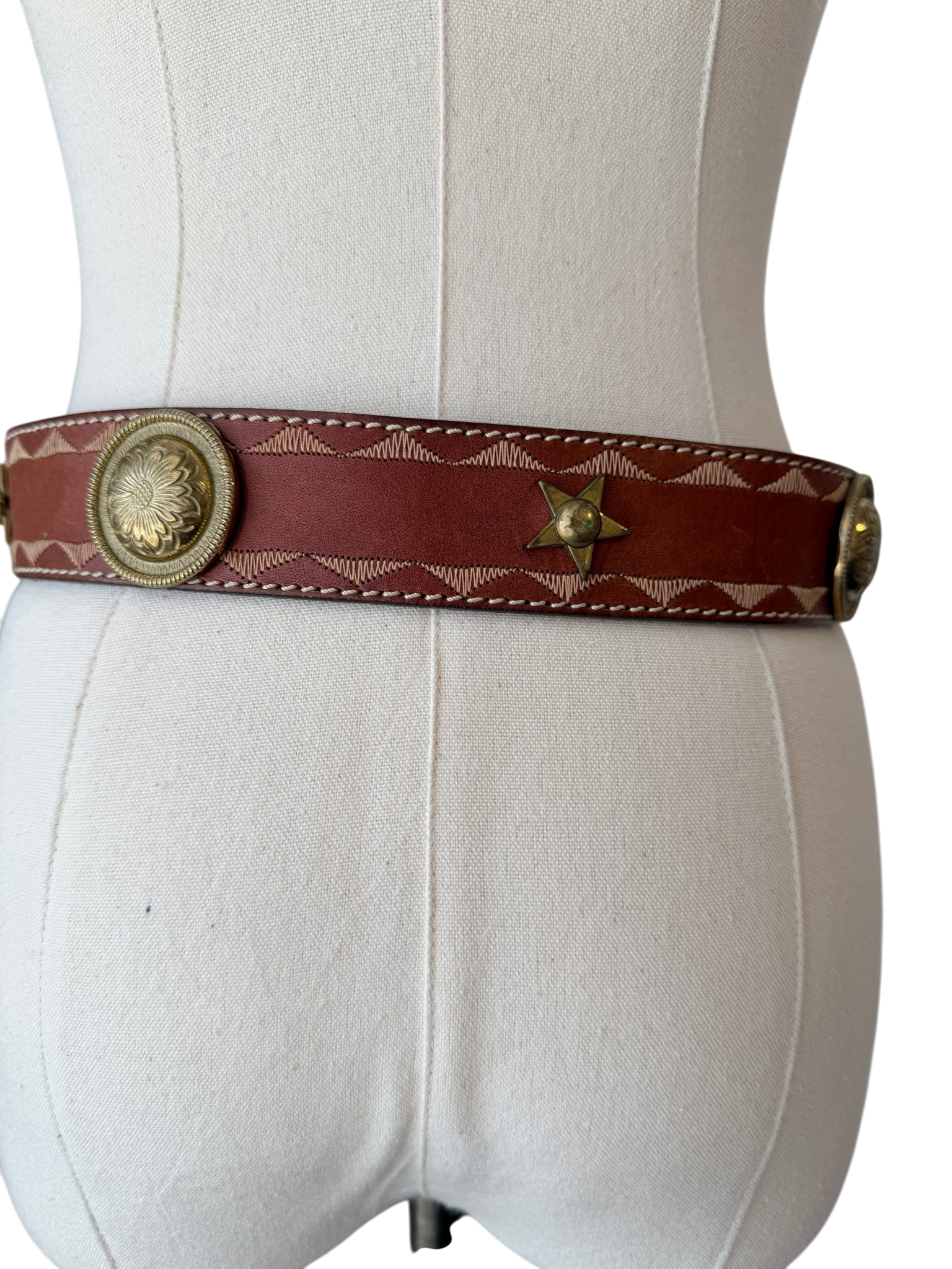 1990s Adoppia Vita Leather Belt with Brass Star & Floral Disc Details