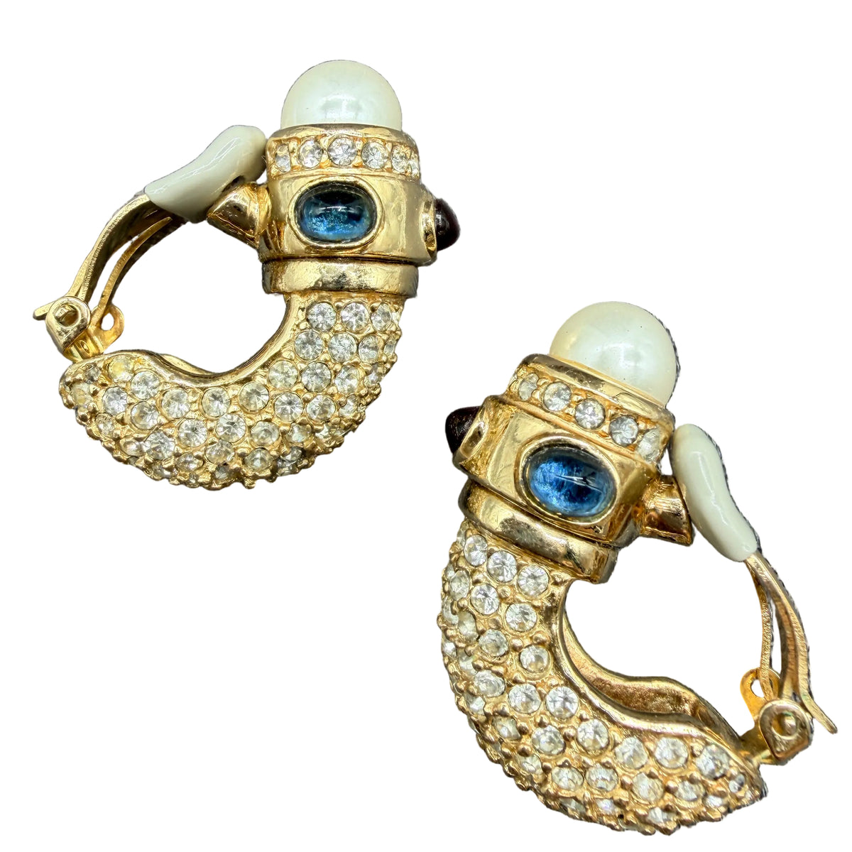 1980s Ciner “Moghul of India” Gold-Tone Shrimp Clip Earrings with Rhinestones, Jewel-Tone Cabochons & Faux Pearls