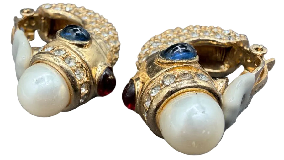 1980s Ciner “Moghul of India” Gold-Tone Shrimp Clip Earrings with Rhinestones, Jewel-Tone Cabochons & Faux Pearls