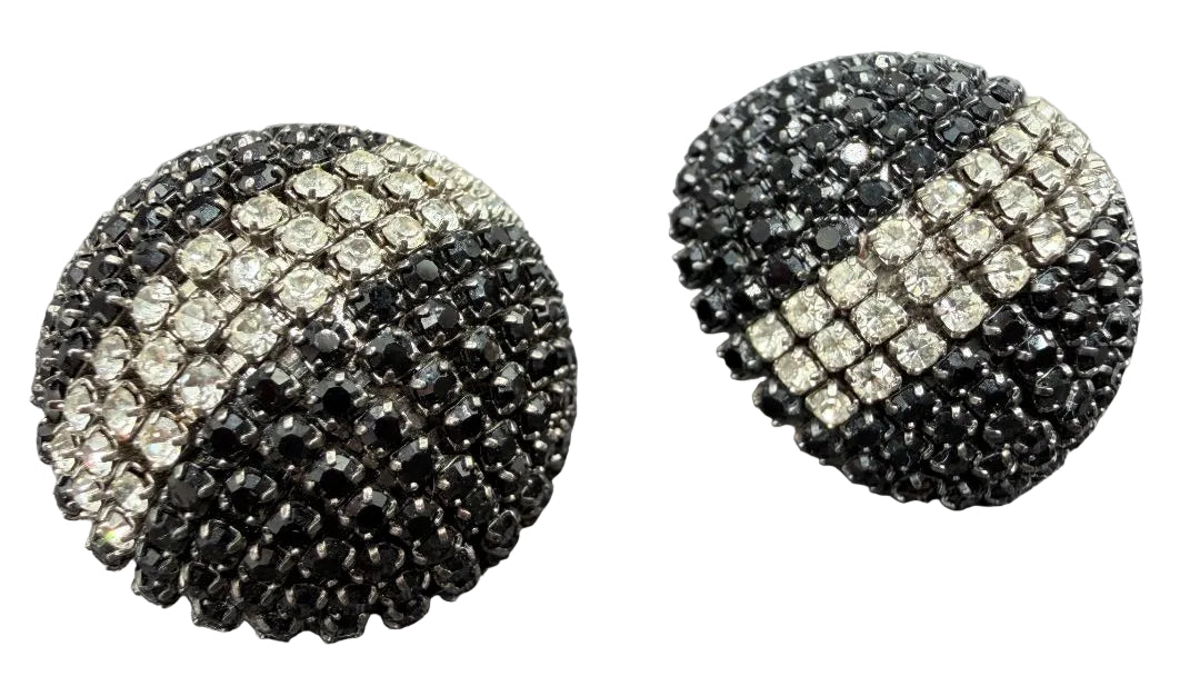 1980s Roxanne Assoulin Black & Clear Rhinestone Pavé Bubble Clip-On Earrings