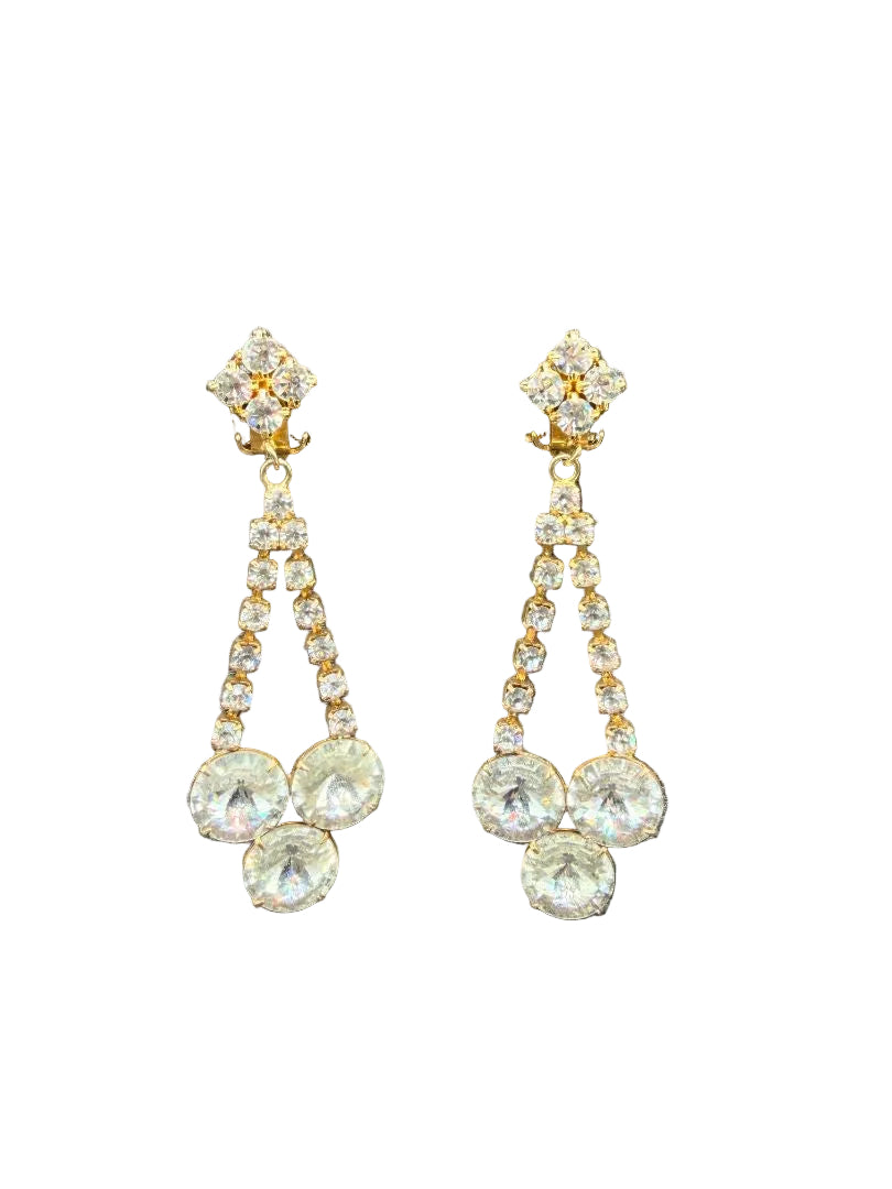 1950s Gold-Tone Clear Rhinestone Clip Earrings with Rivoli Crystal Dangles