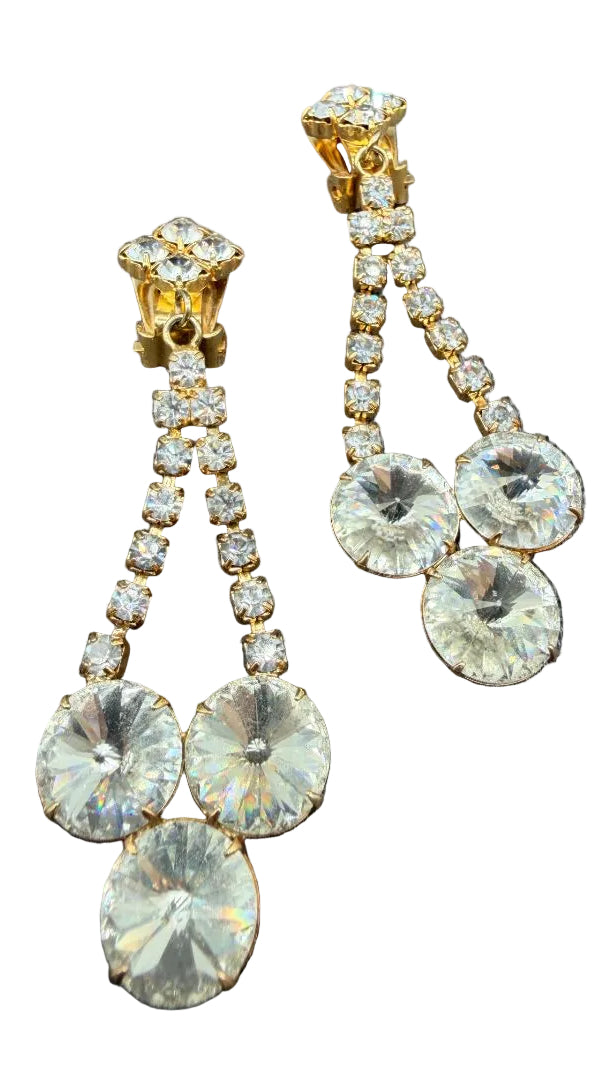 1950s Gold-Tone Clear Rhinestone Clip Earrings with Rivoli Crystal Dangles