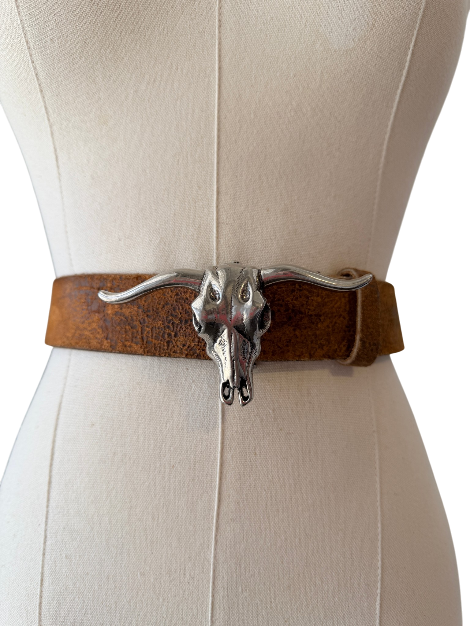 1990s Ralph Lauren Brown Leather Belt with Silver Stag Horn Buckle