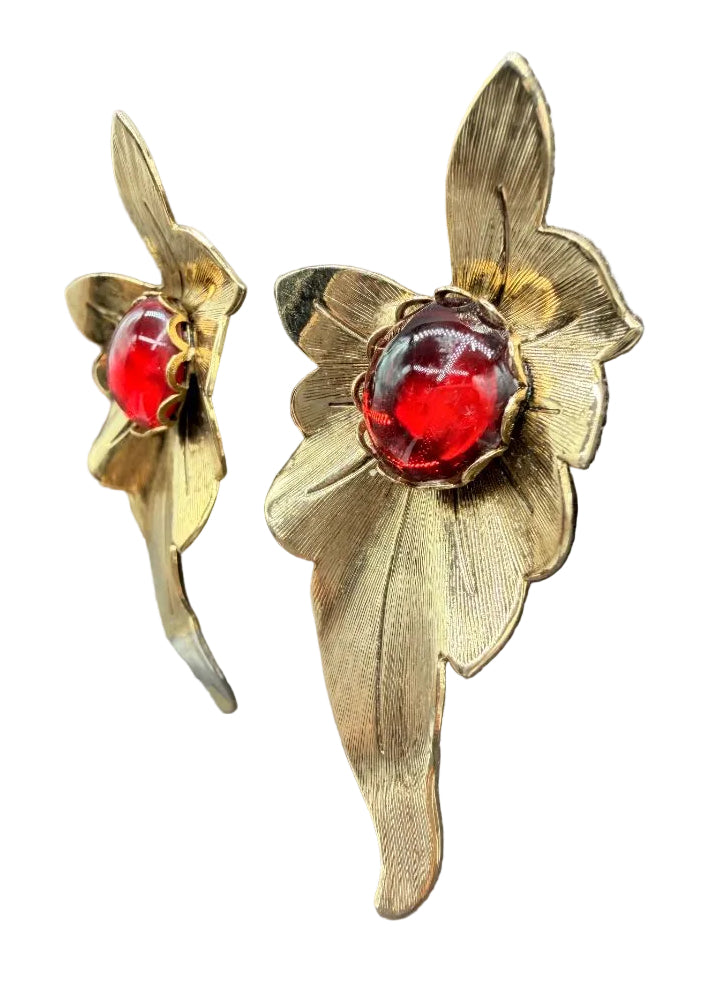 1960s Gold-Tone Textured Leaf Earrings with Red Moonglow Cabochons