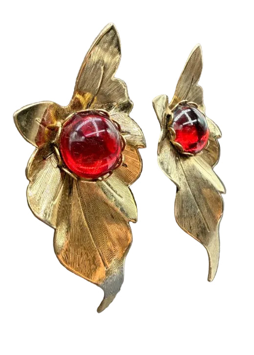 1960s Gold-Tone Textured Leaf Earrings with Red Moonglow Cabochons