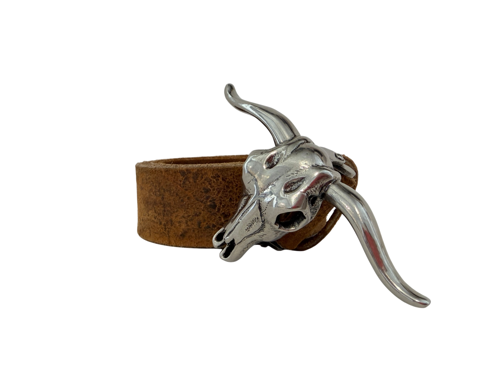 1990s Ralph Lauren Brown Leather Belt with Silver Stag Horn Buckle