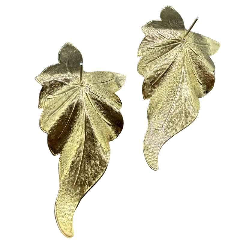 1960s Gold-Tone Textured Leaf Earrings with Red Moonglow Cabochons