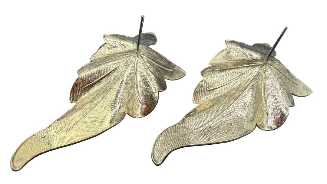 1960s Gold-Tone Textured Leaf Earrings with Red Moonglow Cabochons