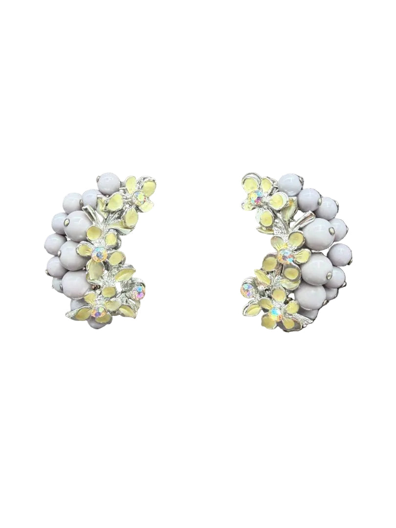 1950s Lavender Bead & Ivory Enamel Floral AB Rhinestone Ear Climber Earrings
