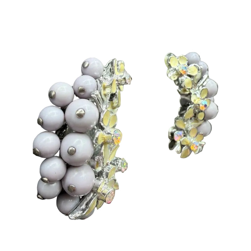 1950s Lavender Bead & Ivory Enamel Floral AB Rhinestone Ear Climber Earrings