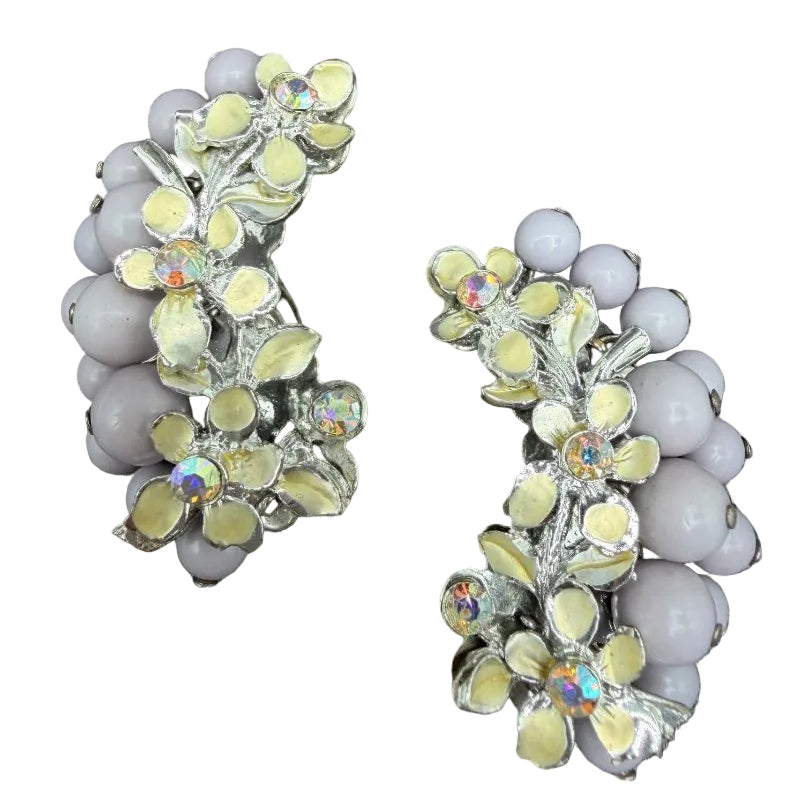 1950s Lavender Bead & Ivory Enamel Floral AB Rhinestone Ear Climber Earrings