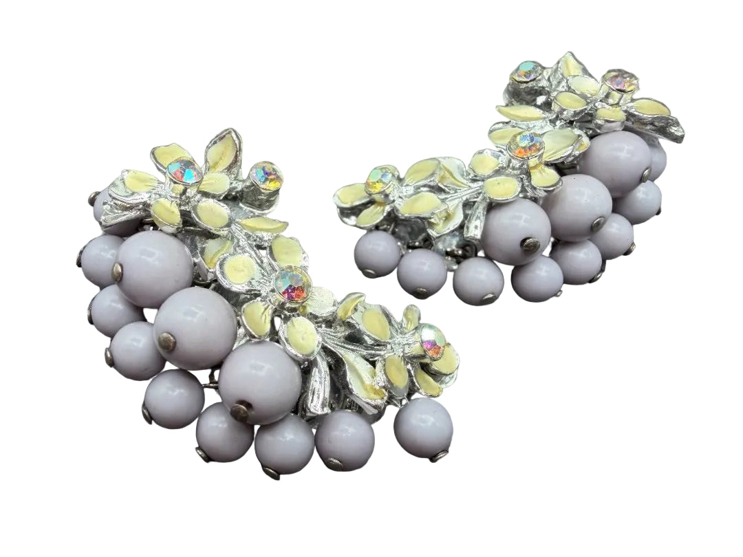 1950s Lavender Bead & Ivory Enamel Floral AB Rhinestone Ear Climber Earrings