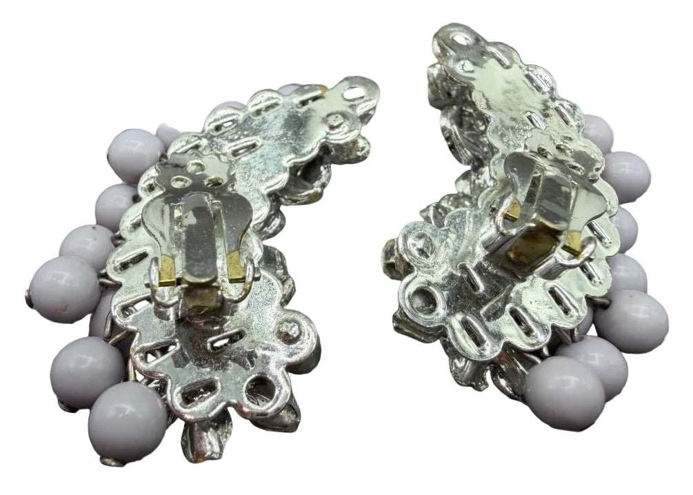 1950s Lavender Bead & Ivory Enamel Floral AB Rhinestone Ear Climber Earrings