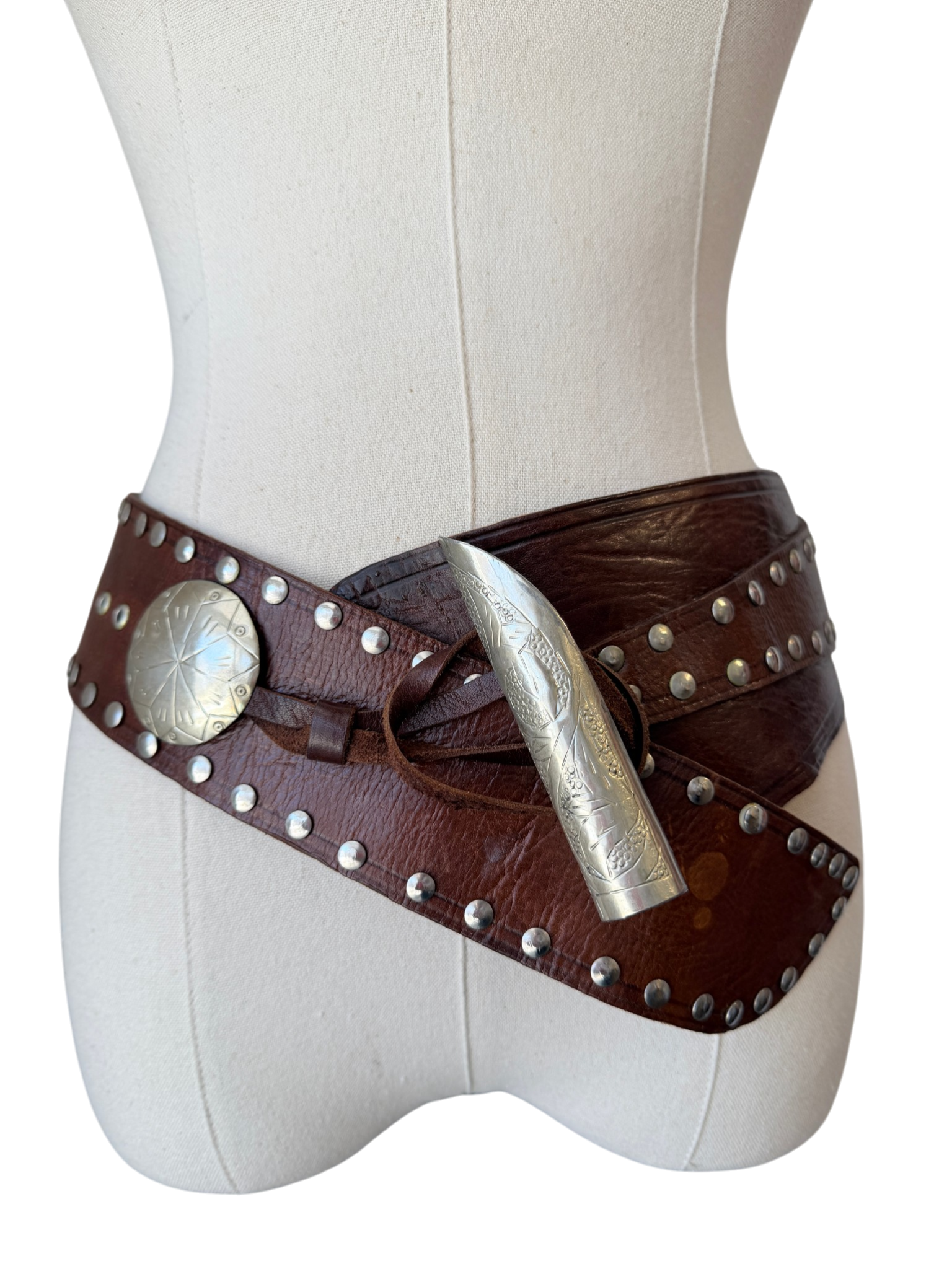 1990s Brown Leather Wide Wrap Belt with Silver Studs and Toggle Buckle