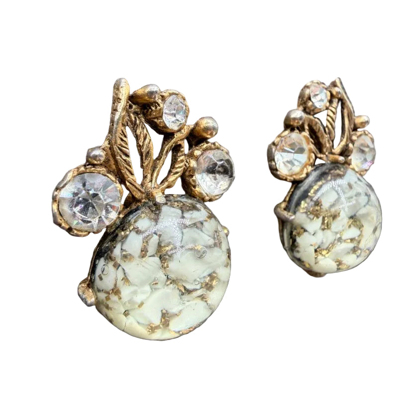 1950s Gripox Gold-Tone & White Rhinestone Clip-On Earrings