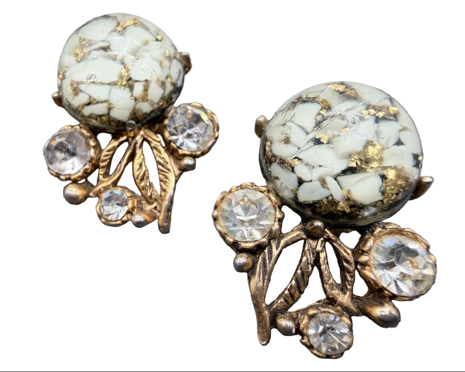 1950s Gripox Gold-Tone & White Rhinestone Clip-On Earrings
