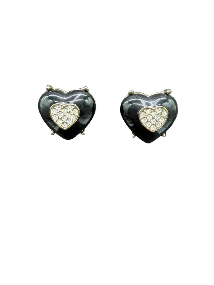 1960s Gold-Tone Black Enamel Bubble Heart Brooch with Pavé Rhinestones