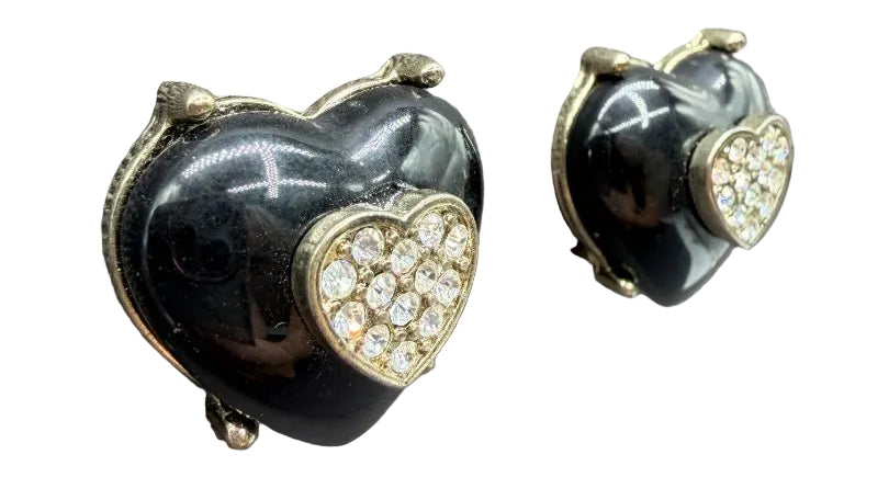 1960s Gold-Tone Black Enamel Bubble Heart Brooch with Pavé Rhinestones