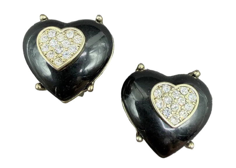1960s Gold-Tone Black Enamel Bubble Heart Brooch with Pavé Rhinestones