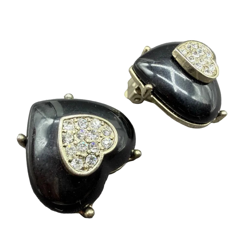 1960s Gold-Tone Black Enamel Bubble Heart Brooch with Pavé Rhinestones