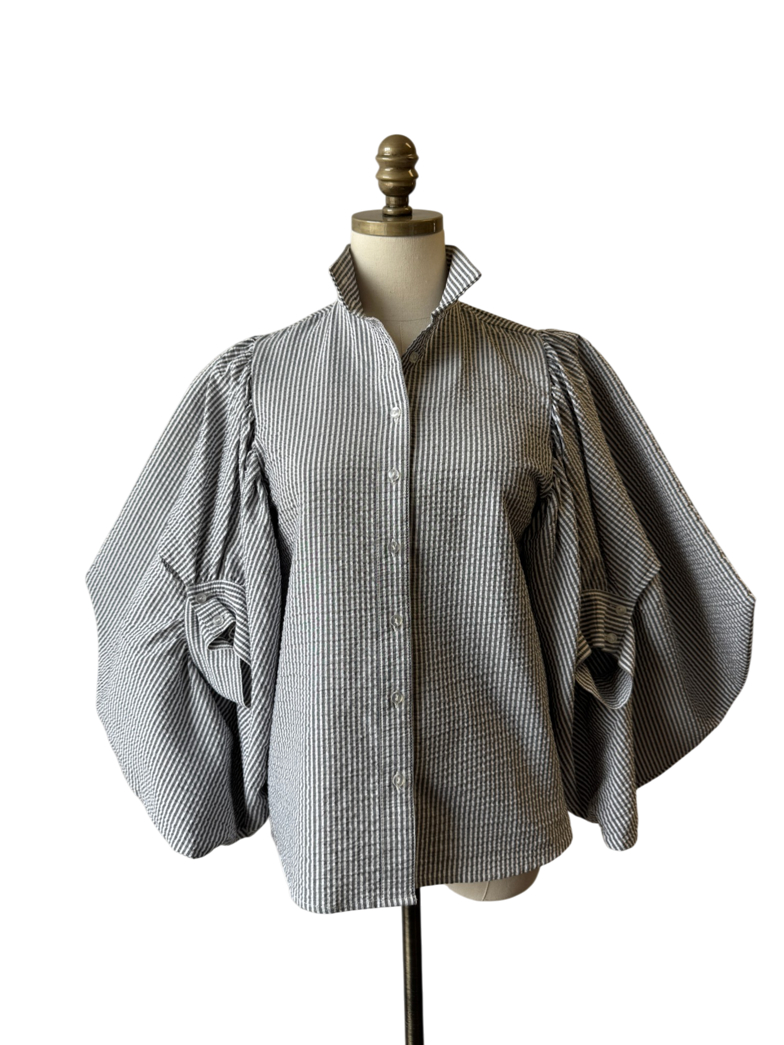2 Rych Button-Front Seersucker Blouse with Balloon Sleeves