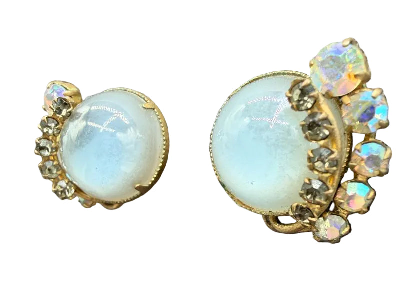 1940s Gold-Tone Moonglow Glass & Aurora Borealis Rhinestone Clip Earrings