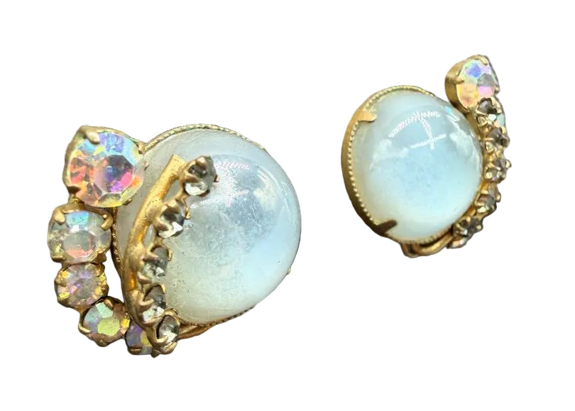 1940s Gold-Tone Moonglow Glass & Aurora Borealis Rhinestone Clip Earrings