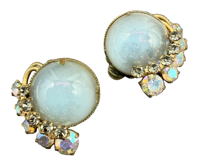 1940s Gold-Tone Moonglow Glass & Aurora Borealis Rhinestone Clip Earrings