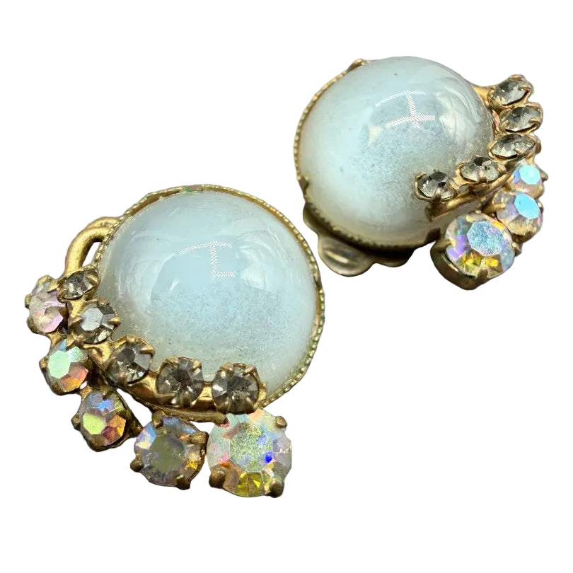 1940s Gold-Tone Moonglow Glass & Aurora Borealis Rhinestone Clip Earrings