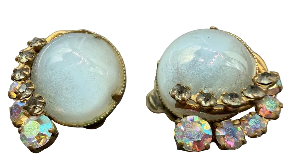 1940s Gold-Tone Moonglow Glass & Aurora Borealis Rhinestone Clip Earrings