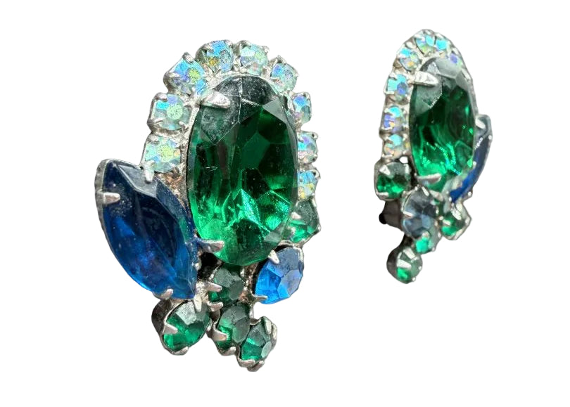 1950s Blue & Green Rhinestone Cluster Clip Earrings
