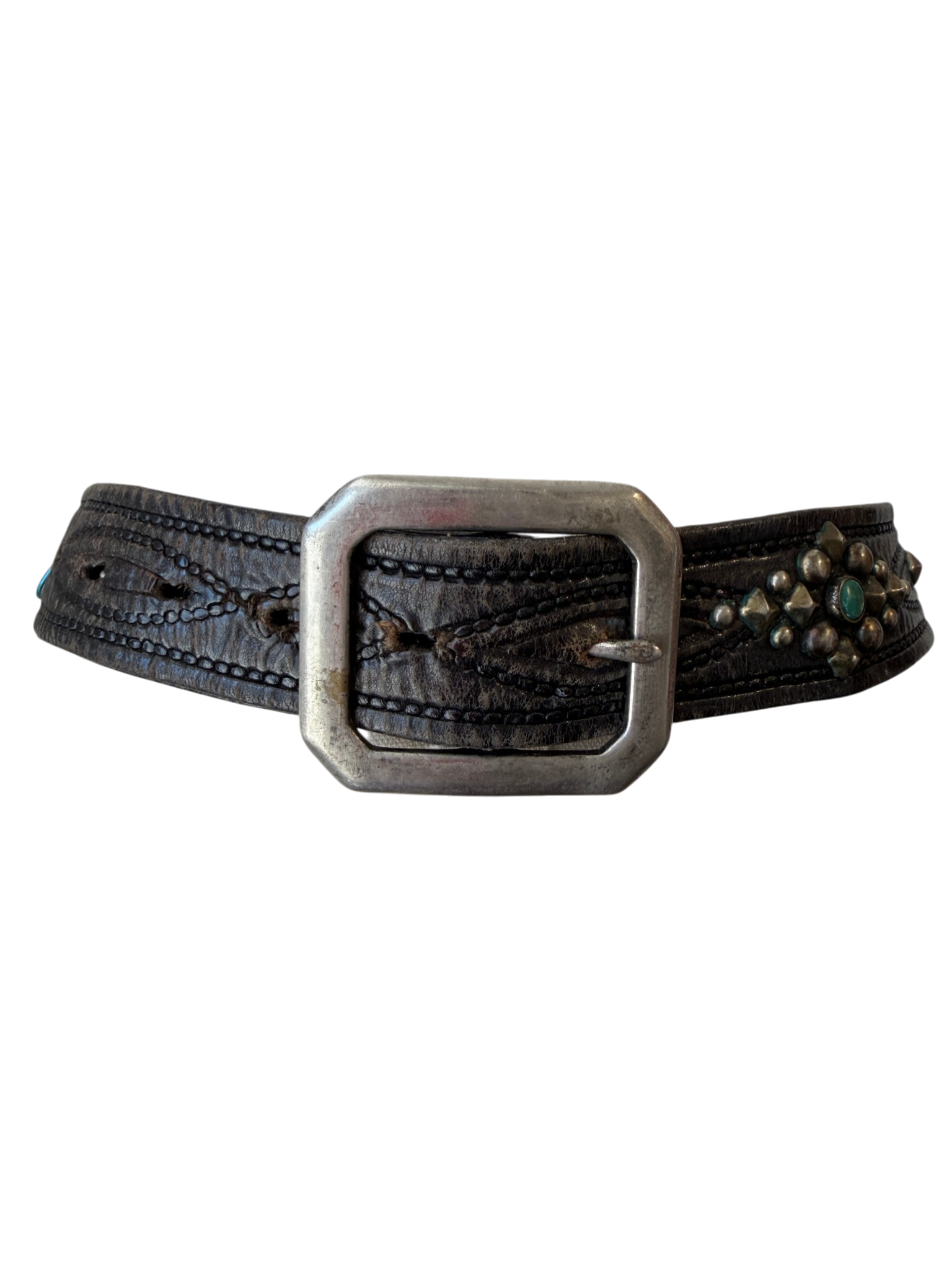 1970s Hand-Tooled Black Leather Belt with Sterling Studs and Turquoise Detail