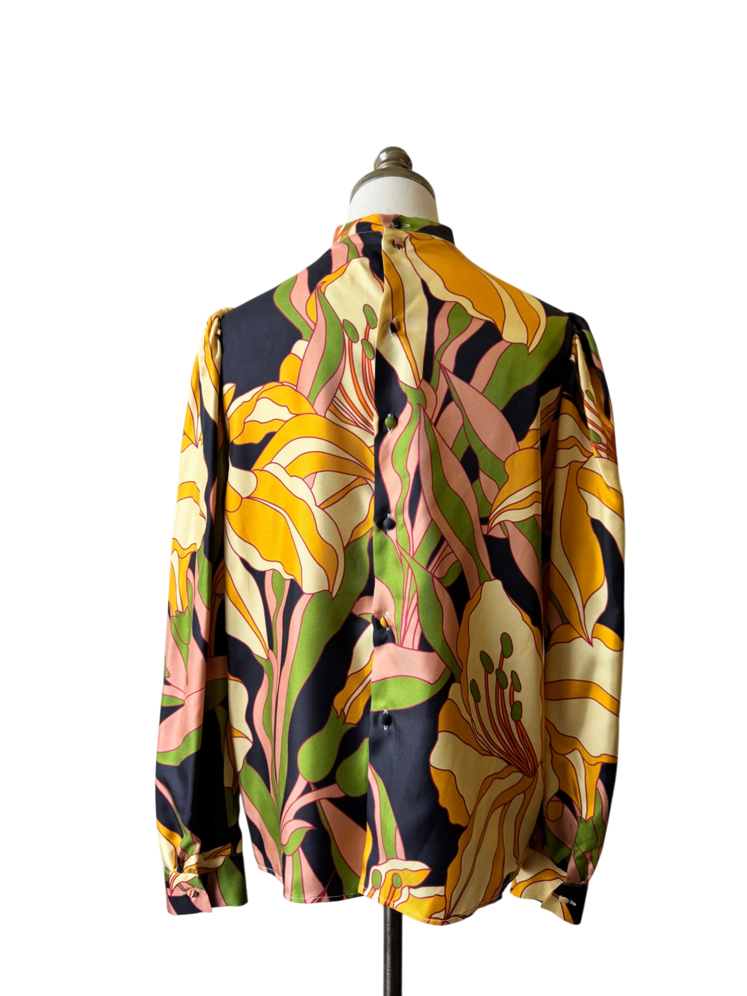 La Prestic Ouiston Silk Printed Blouse with Mandarin Collar and back buttons