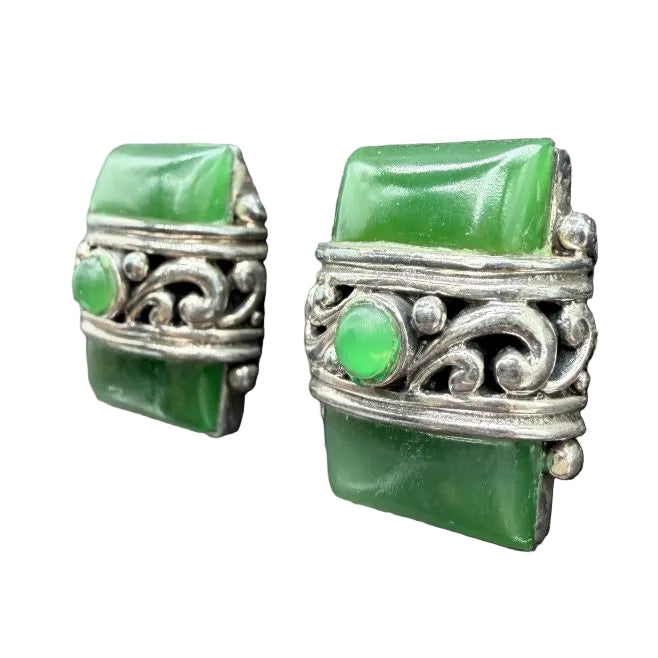 1960s Sterling Silver Rectangular Clip-On Earrings with Green Jade & Scrollwork