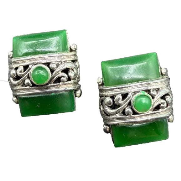 1960s Sterling Silver Rectangular Clip-On Earrings with Green Jade & Scrollwork