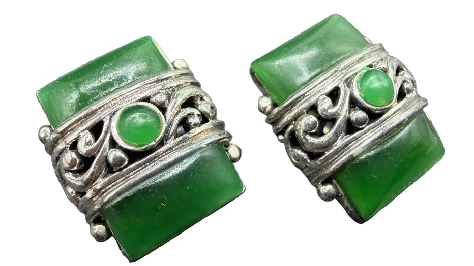 1960s Sterling Silver Rectangular Clip-On Earrings with Green Jade & Scrollwork