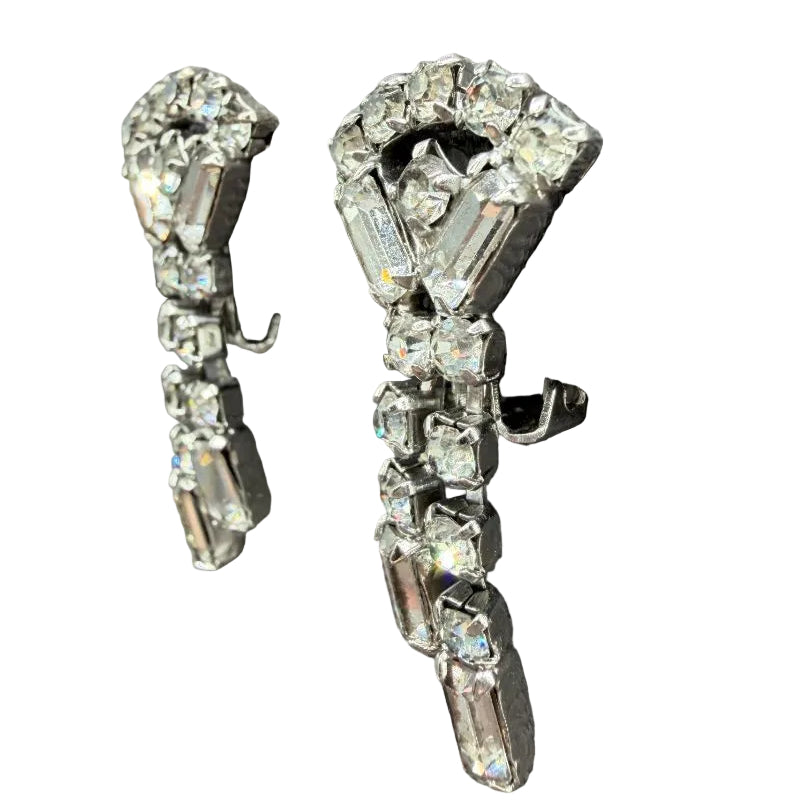 1950s Clear Rhinestone Diamond-Shaped Clip Earrings with Double Tassel Drops