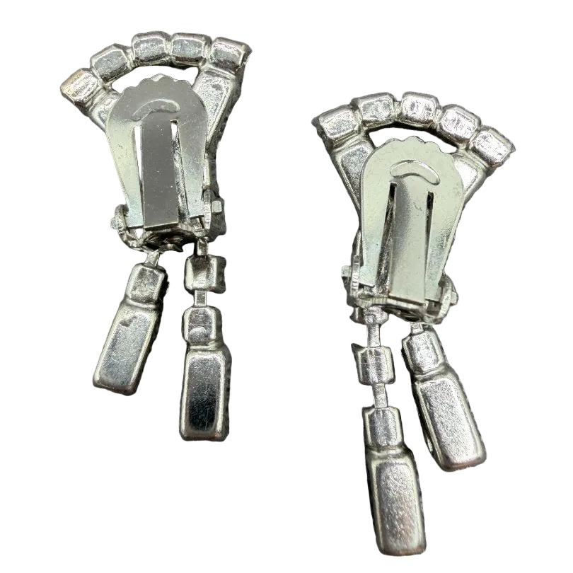 1950s Clear Rhinestone Diamond-Shaped Clip Earrings with Double Tassel Drops