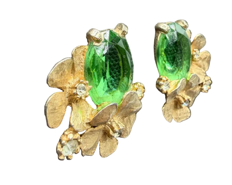 1950s ART Gold-Tone Flower Cluster Clip Earrings with Green Austrian Crystals