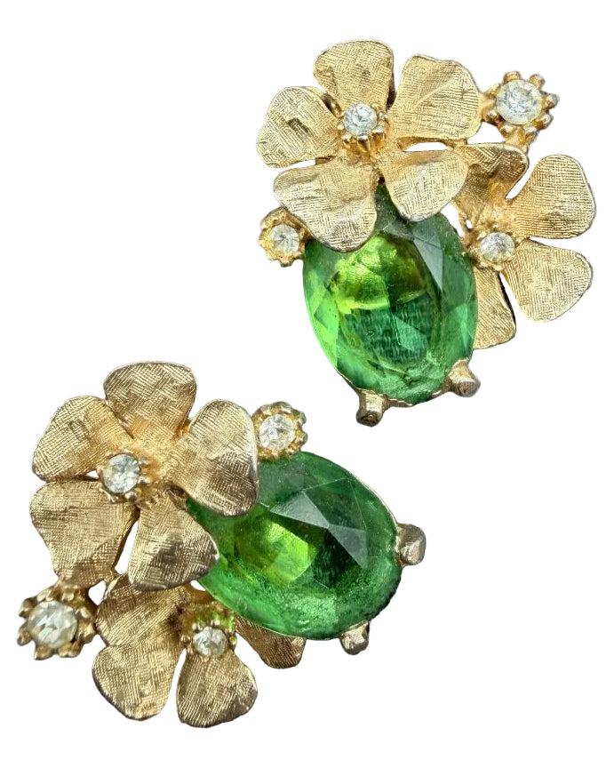 1950s ART Gold-Tone Flower Cluster Clip Earrings with Green Austrian Crystals
