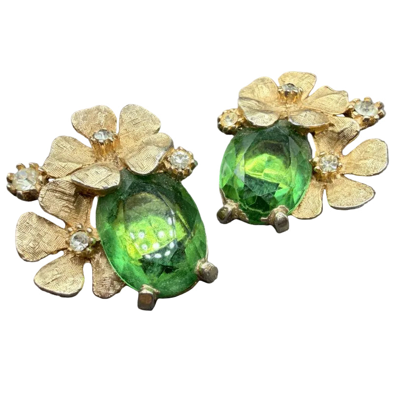 1950s ART Gold-Tone Flower Cluster Clip Earrings with Green Austrian Crystals