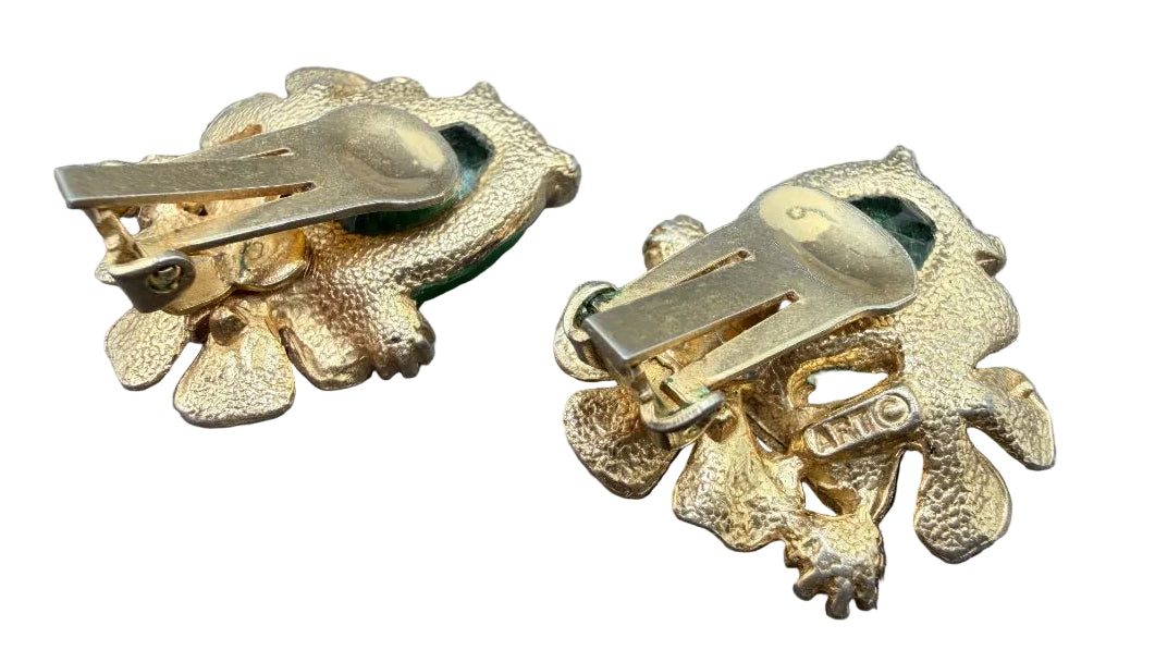 1950s ART Gold-Tone Flower Cluster Clip Earrings with Green Austrian Crystals
