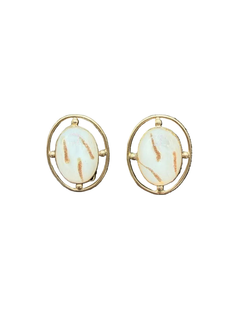 1950s Bergère Gold-Tone Openwork Oval Clip Earrings with Ivory Glitter Cabochons