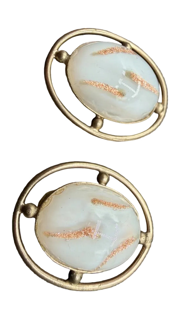 1950s Bergère Gold-Tone Openwork Oval Clip Earrings with Ivory Glitter Cabochons