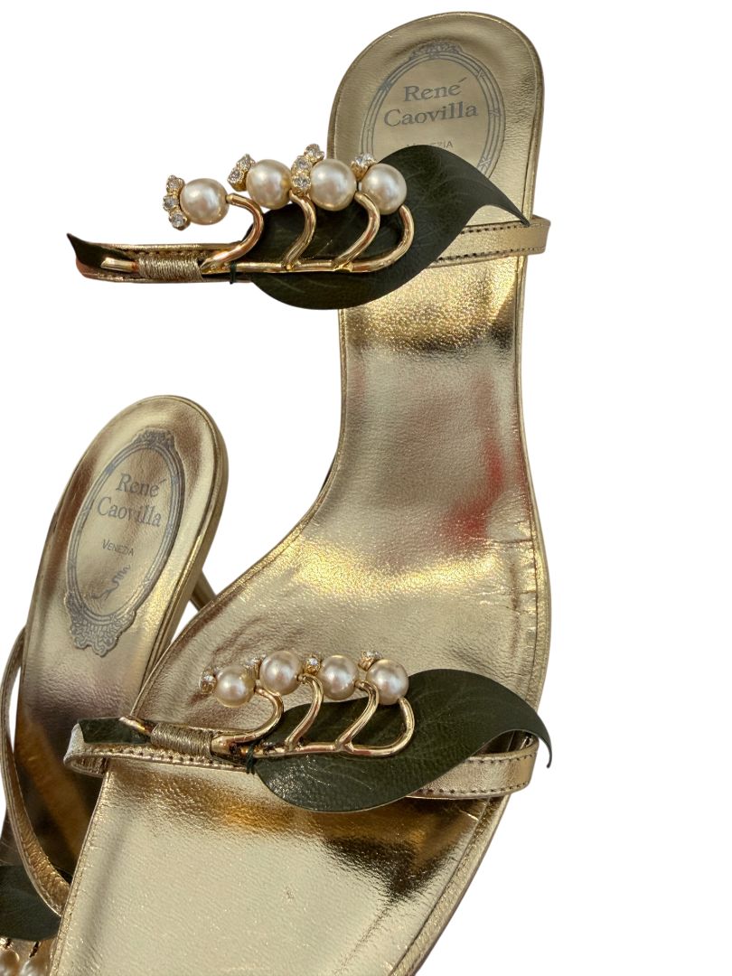 René Caovilla Gold Strappy Heels with Pearl and Leaf Embellishment