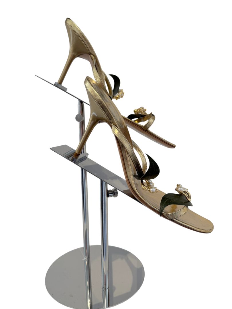 René Caovilla Gold Strappy Heels with Pearl and Leaf Embellishment