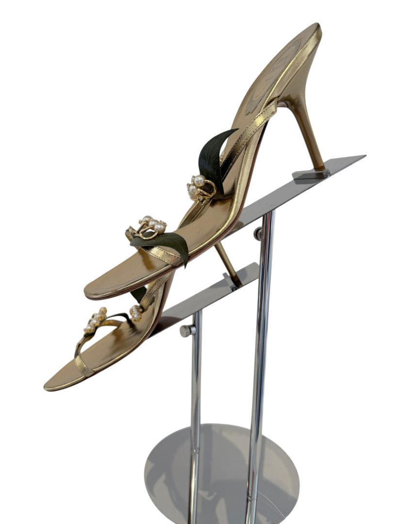 René Caovilla Gold Strappy Heels with Pearl and Leaf Embellishment