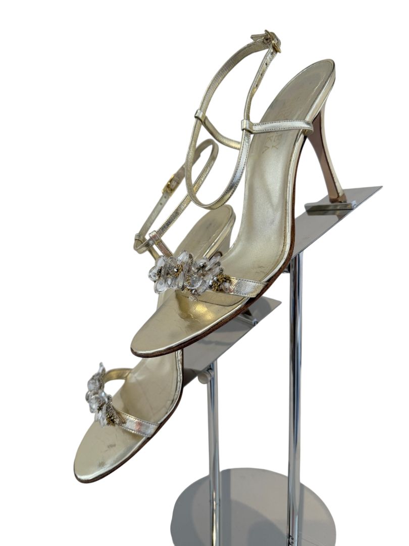 Badgley Mischka Gold Ankle Strap Heels with Crystal Flower Detail