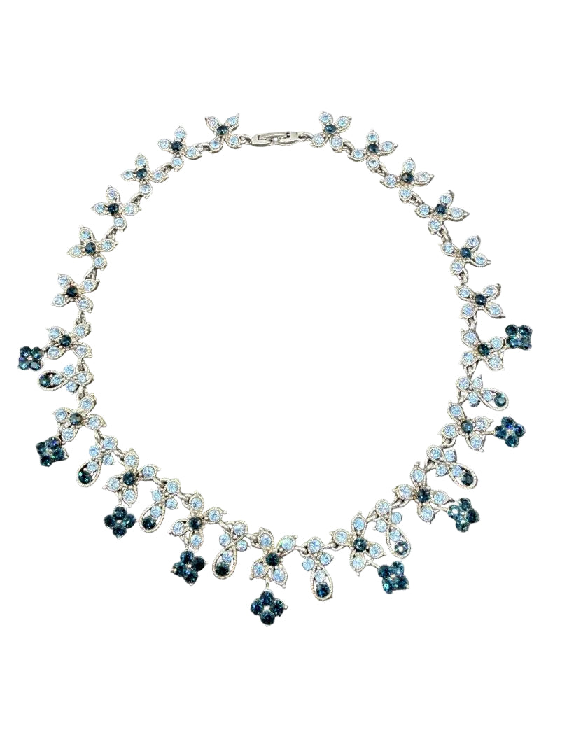 1960s Silver-Tone Floral Necklace with Light & Dark Blue Rhinestones