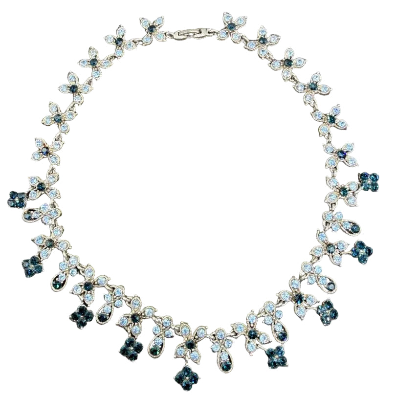 1960s Silver-Tone Floral Necklace with Light & Dark Blue Rhinestones